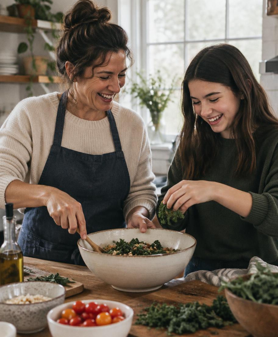 A parent and teenager cooking together